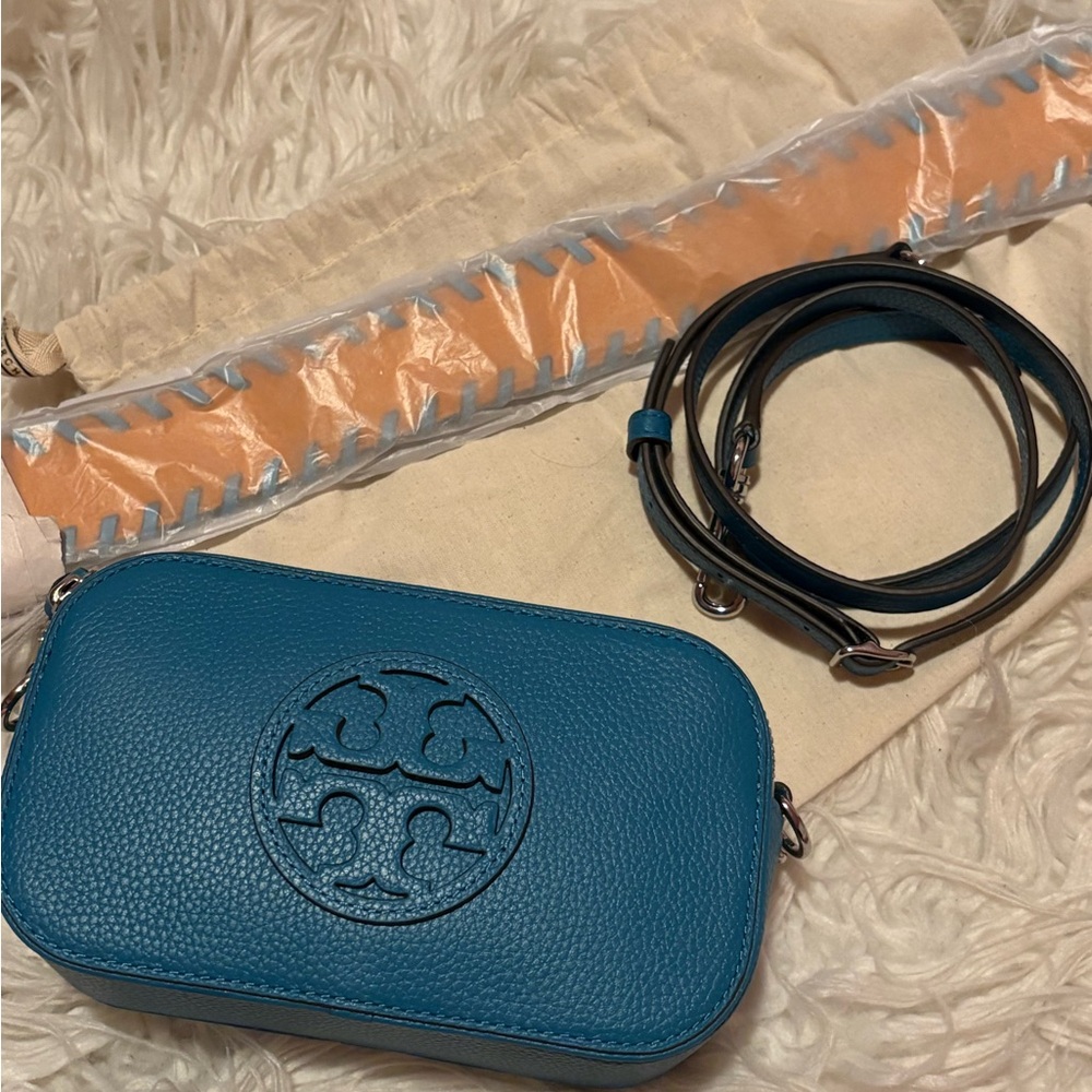 Tory Burch Perry Miller Mini Bag Blue Pebbled Leather W/ Orange Woven Strap